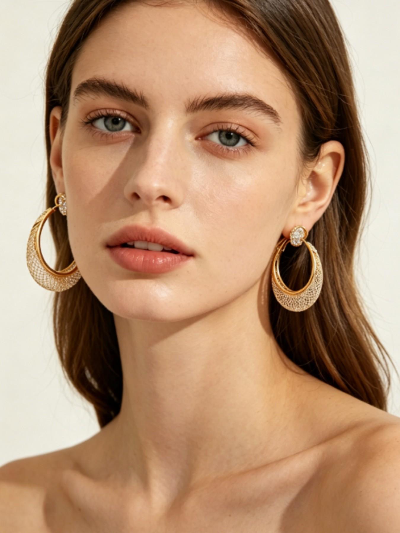 Vintage Braided Mesh Full Rhinestone Large Circle Earrings, 18k Gold Plated Luxury French Accessories, Boho Style Titanium Alloy Chain