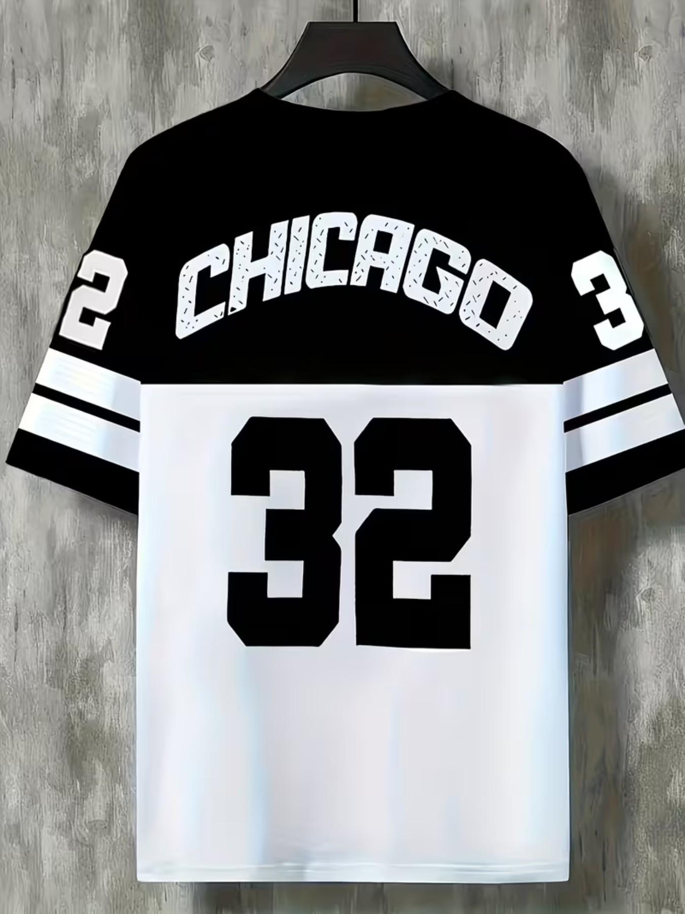 Men's New Casual Round Neck T-Shirt, Chicago Word Design, 32 Number Pattern, Polyester Knit Fabric, Stretchy, Soft Breathable, Outdoor Comfort