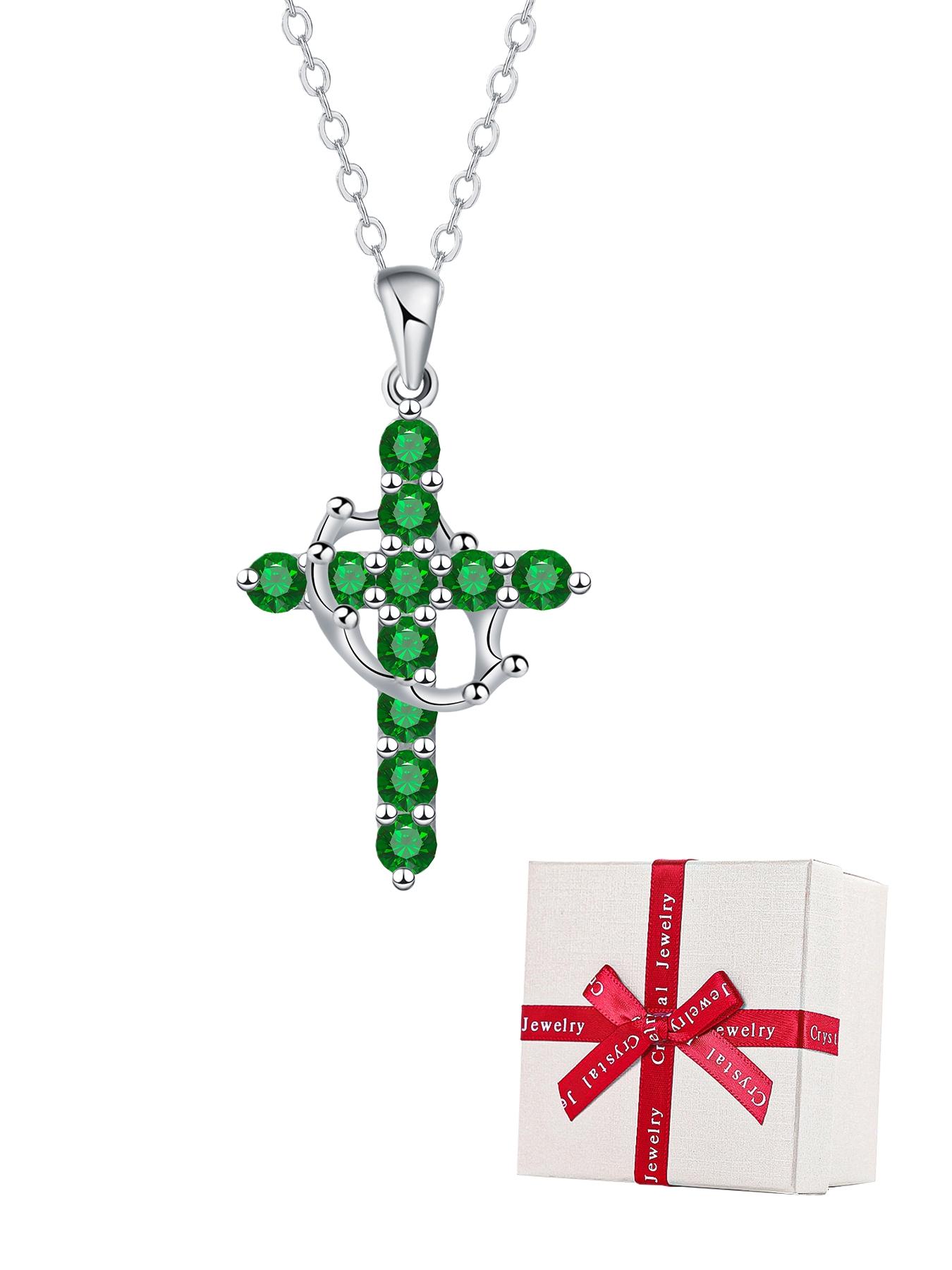 Women's Cz Birthstone Crown Cross Necklace Set, Colorful Fashion Pendant Exquisite Jewelry Gift Box, Christian Wife Mom Girlfriend Faith Present