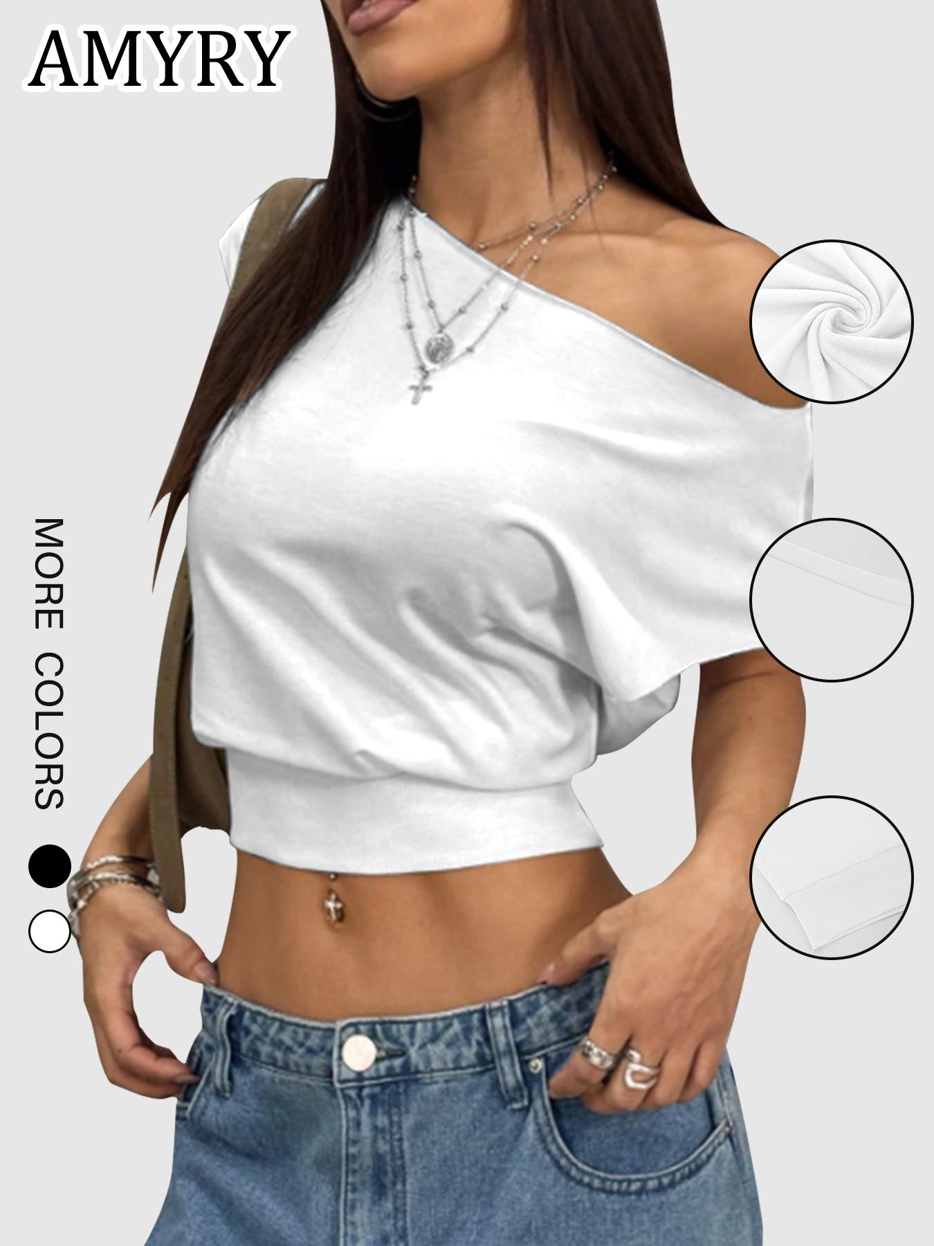 Women's Solid Off Shoulder Asymmetrical Tee, Casual Fashion Long Sleeve T-shirt for Daily Wear, Ladies Clothes for All Seasons, Top
