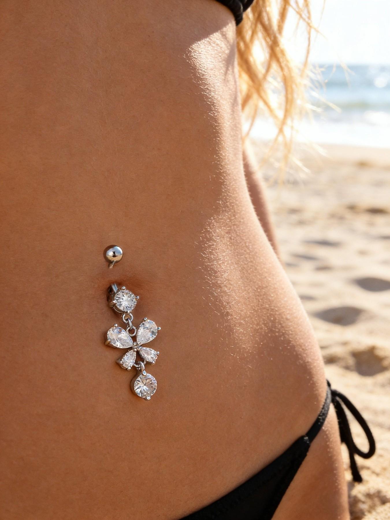 Women's Luxurious Butterfly Pendant Belly Ring, Embedded Artificial Zirconia Piercing Jewelry, Beach Vacation Party Daily Accessory