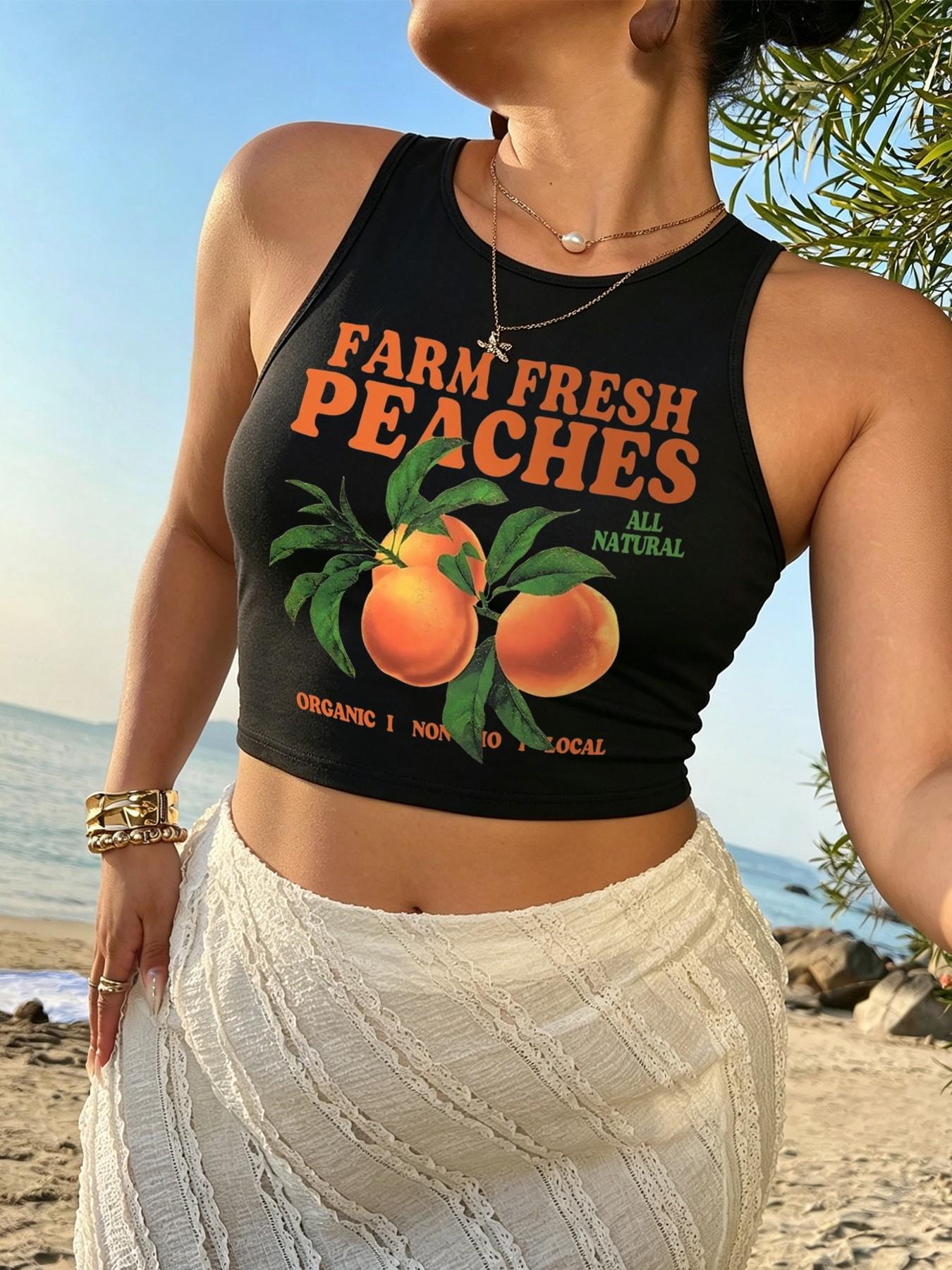 Women's Y2K Peach Print Short Sleeveless Top, Vintage Street Style, Fitted H-Type, Casual All-Season, Perfect for Summer