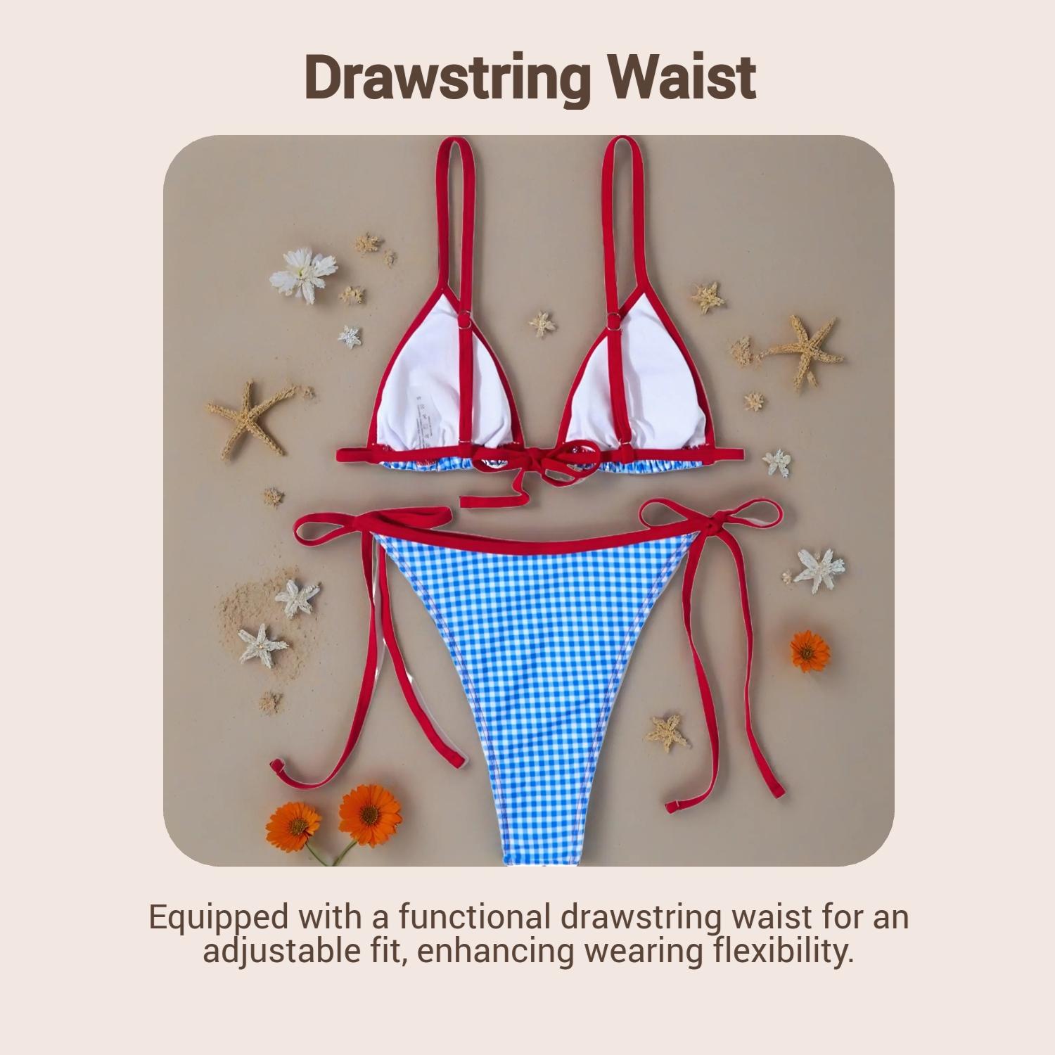 New Blue Plaid Print Bikini Set, and Blue Sexy Swimsuit, Cute Fitted Design, Drawstring Waist, Summer Beachwear