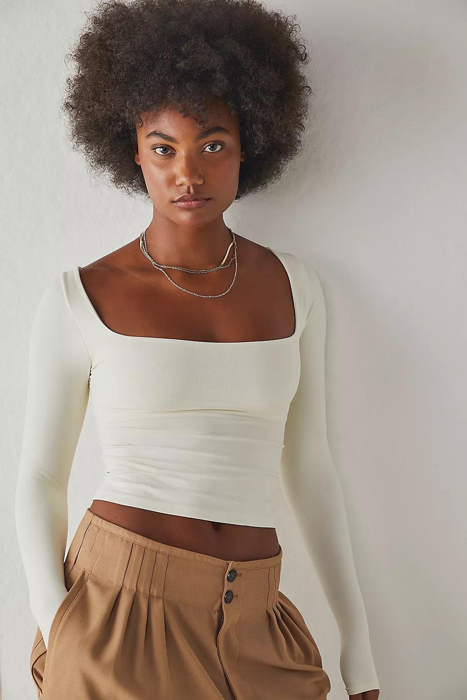 GGFL Women's 2025 Ins New Style Long Sleeve Crop Top, Solid Color Square Neck Slim Fit Base T-Shirt