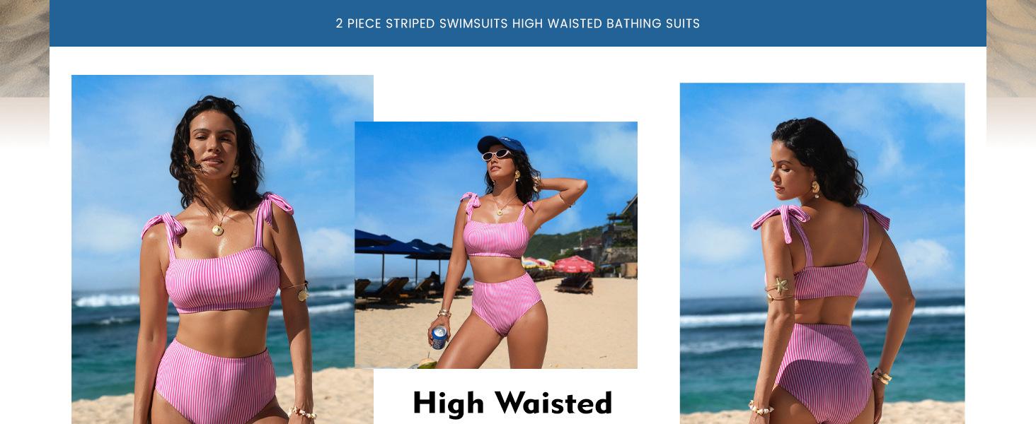 2026 New Striped Two Piece Bikini Set, Tie Strap Top High Waist Bathing Suit, Women Fashion Beach Swimwear