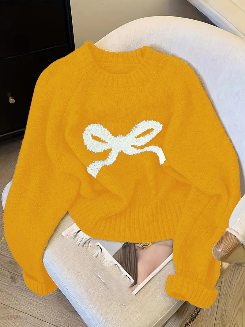 Women's Butterfly Knot Round Neck Sweater, Fall & Winter Thick Knit Top, Sweet Style Loose Fit, Elegant Cardigan for Valentine's Day