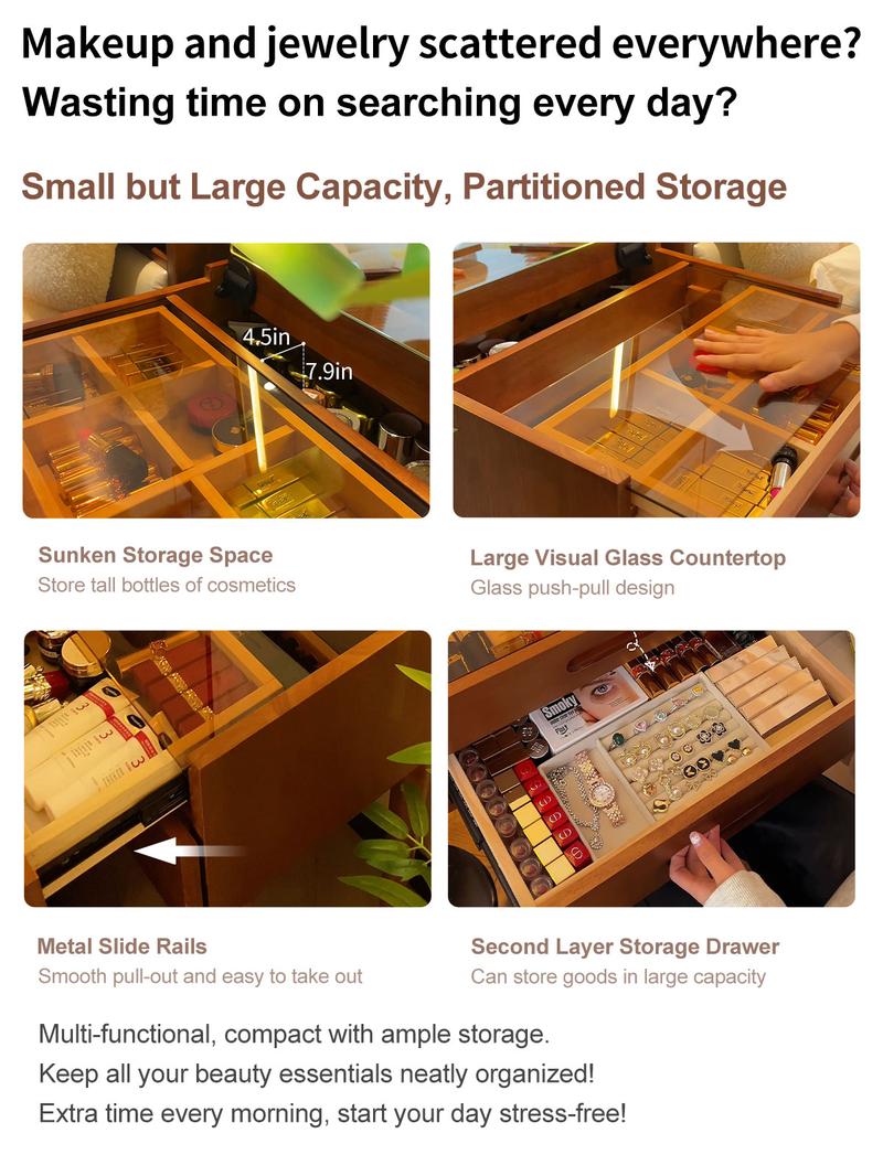 【HOT】Small Space Vanity Desk, 100% Solid Wood Makeup Table, Flip-Top Mirror with Lights, Space-Saving Makeup Table with Drawers, Adjustable Brightness, Elegant & Functional Vanity, Narrow Space Available