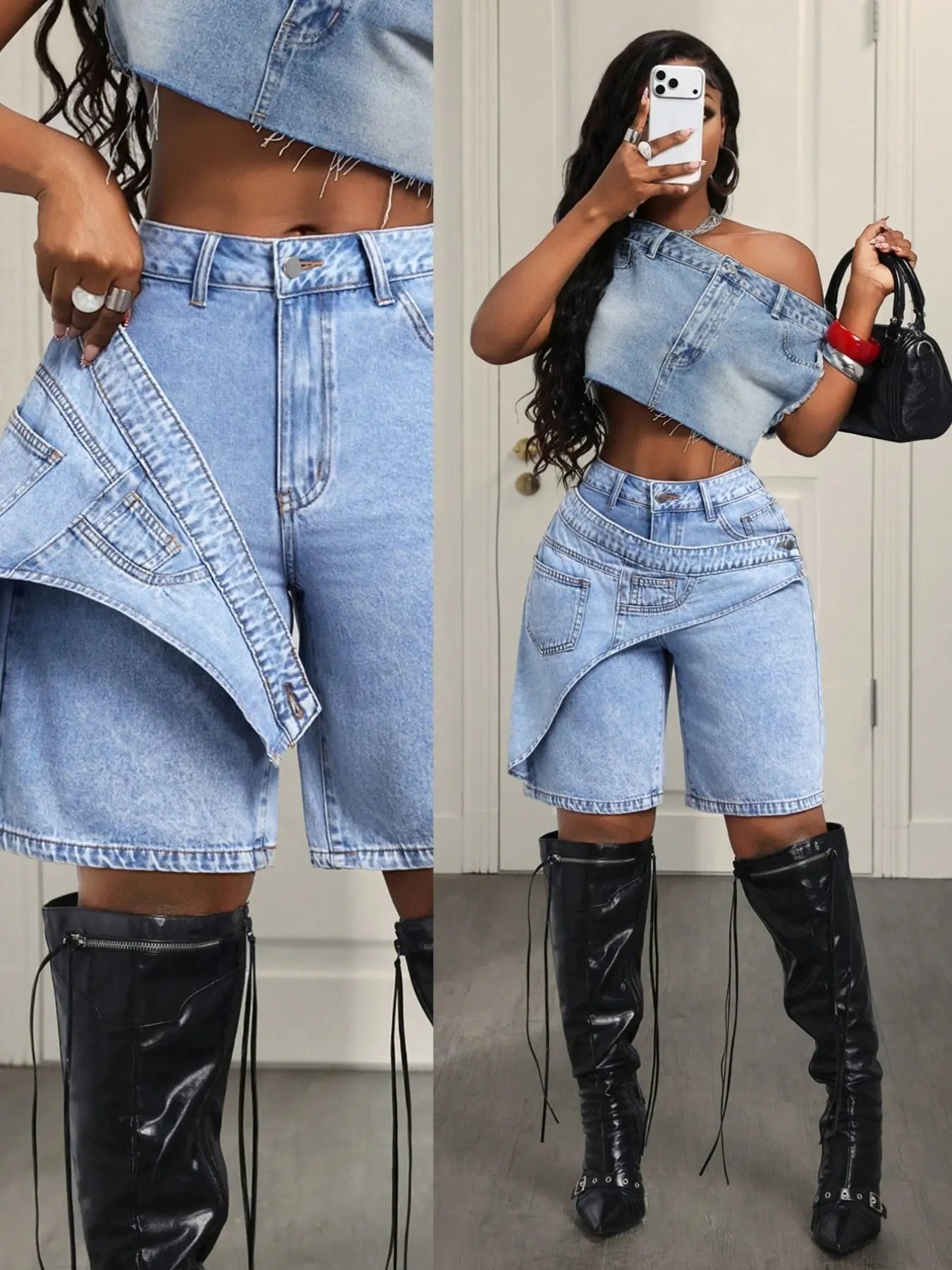 Women's Casual Denim Shorts, Cross-Waist Design, Loose-Fit, Solid Pattern, Trendy Summer Fashion, Perfect for Parties and Daily Wear