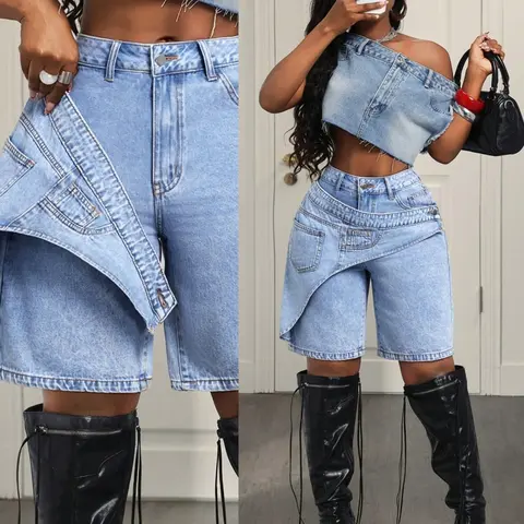 Women's Casual Denim Shorts, Cross-Waist Design, Loose-Fit, Solid Pattern, Trendy Summer Fashion, Perfect for Parties and Daily Wear, Fashionable Shorts