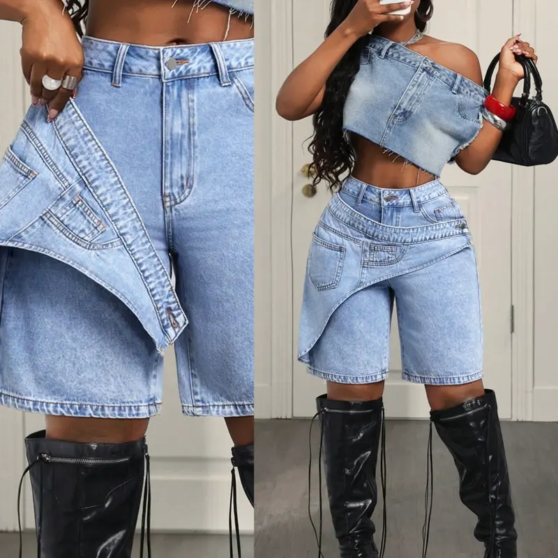 Women's Casual Denim Shorts, Cross-Waist Design, Loose-Fit, Solid Pattern, Trendy Summer Fashion, Perfect for Parties and Daily Wear, Fashionable Shorts