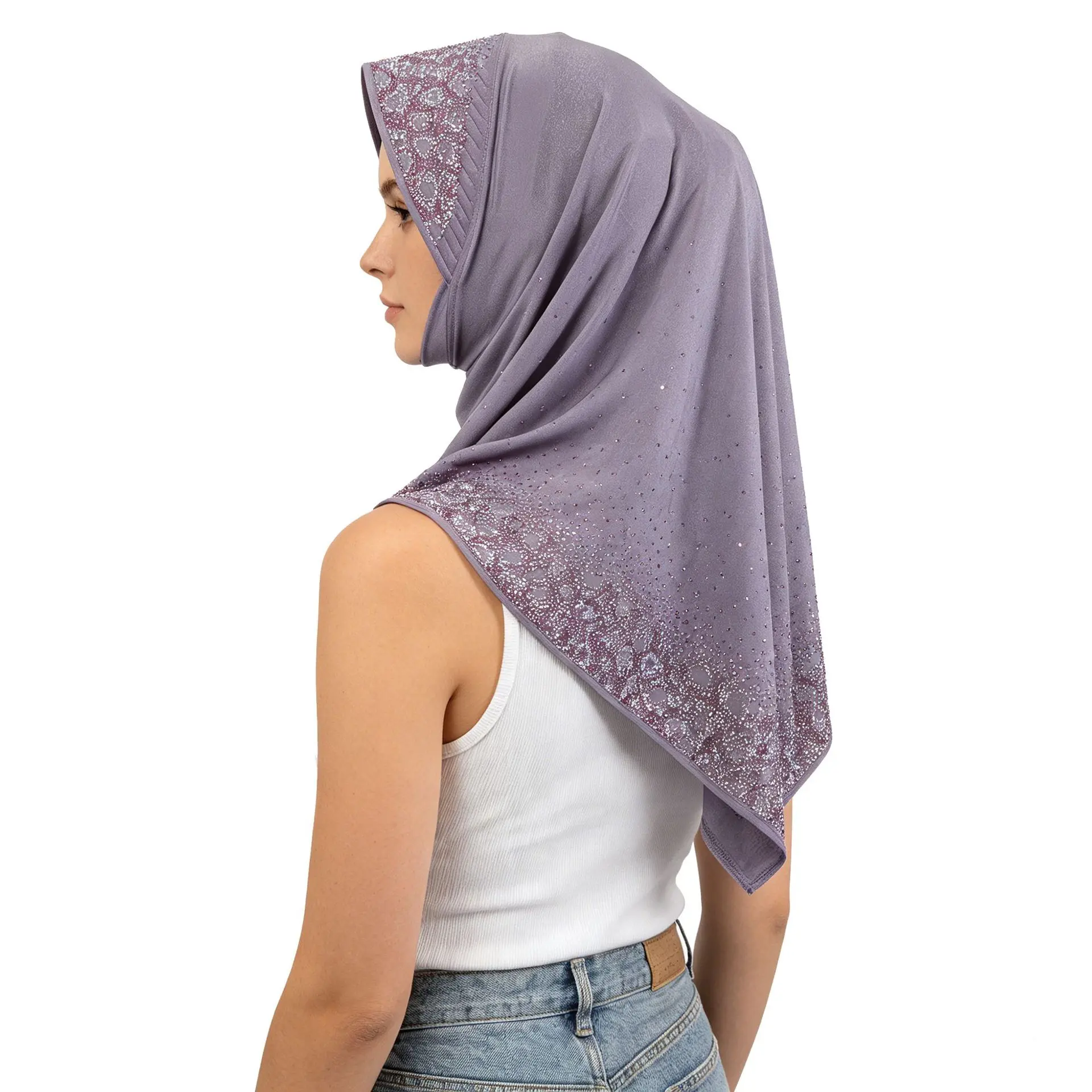 Viral Instant Hijab Rhinestone Pattern Back Scalloped Hem Breathable Stretch Jersey Pull On Khimar Cap Modest Fashion Party Prayer Headwear