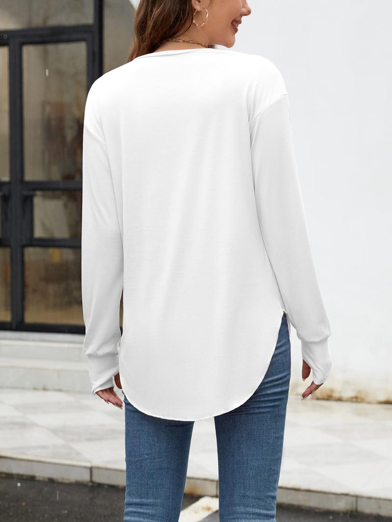 Aswulk Womens Deep V Neck Tunic Tops Long Sleeve Oversized Casual Loose Fit Curved Hem T Shirts