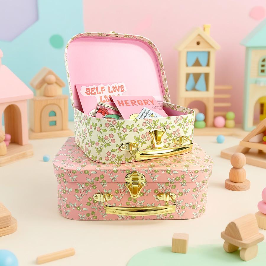 2pcs Pink Floral Suitcase Gift Box, Cardboard Decorative Storage Box, Home Storage Box with Latch and Metal Handle, Suitable for Home Decor, Household, Bedroom Storage, Valentine's Day, Christmas, Thanksgiving, Birthday, Anniversary