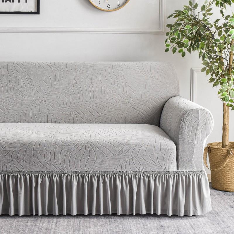 Water Repellent Stretch Sofa Cover, Ruffle Skirt, Leaf Jacquard, Anti-Slip, Pet & Kids Friendly, Furniture Protector for 1/2/3 Seater, Washable Elastic Sofa Slipcover