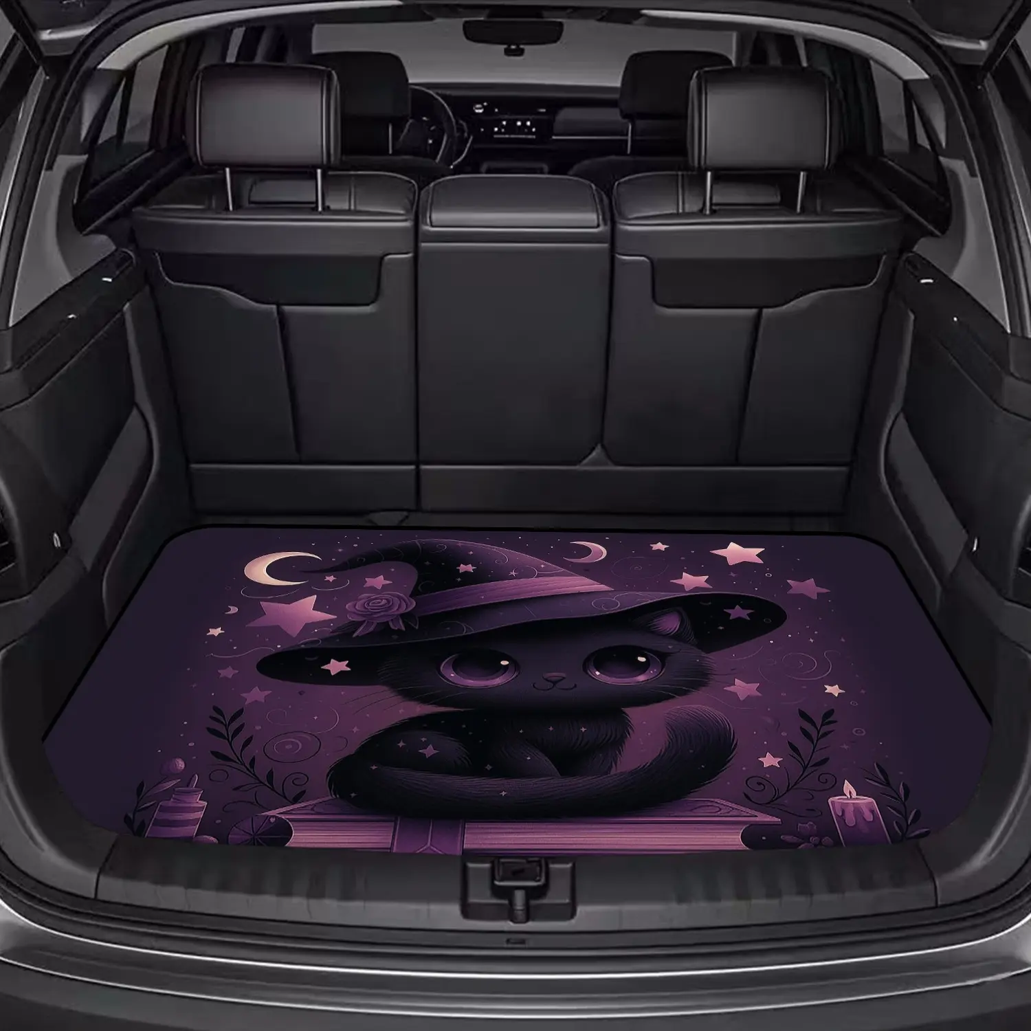1pc Witch Theme Polyester Car Trunk Mat - Magic Black Cat & Star Print, Universal Fit, Easy Installation, Stain-Resistant, Interior Atmosphere Enhancer, Ideal for Camping & Halloween, Automotive Interior Accessory, Trunk Mats