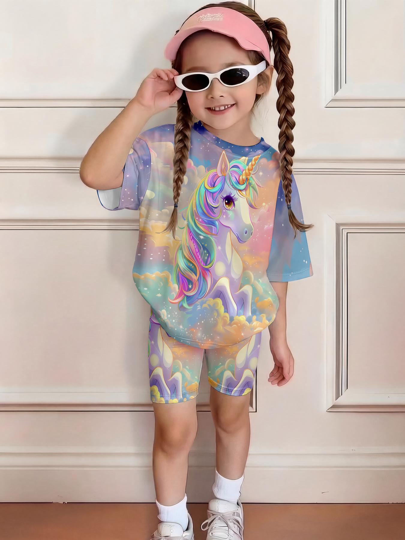 Girls Summer Cloud Rainbow Unicorn Set, Kids Dreamy Galaxy Short Sleeve & Shorts Two-Piece Outfit