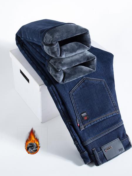 Men's Thickened Winter Fleece Jeans, Loose Straight Leg High Waist Casual Elastic Pants, Warm Long Denim Trousers for Fall & Winter