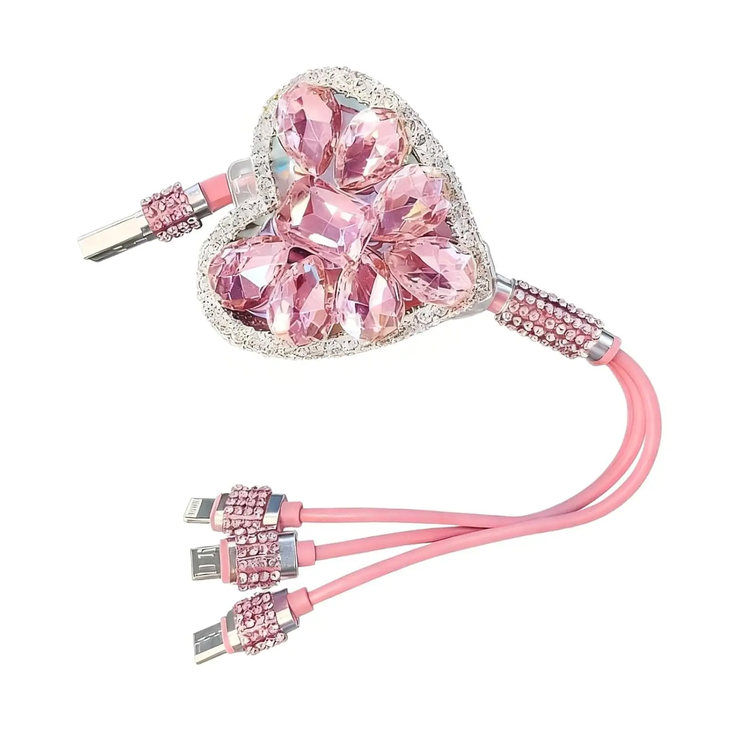 1PC 3 in 1 Multi Charging Cable, Bling Heart Shaped Retractable Car Charger Cable with Lightning/Micro/Type-C USB Connectors, Universal for Multiple Devices (Pink)