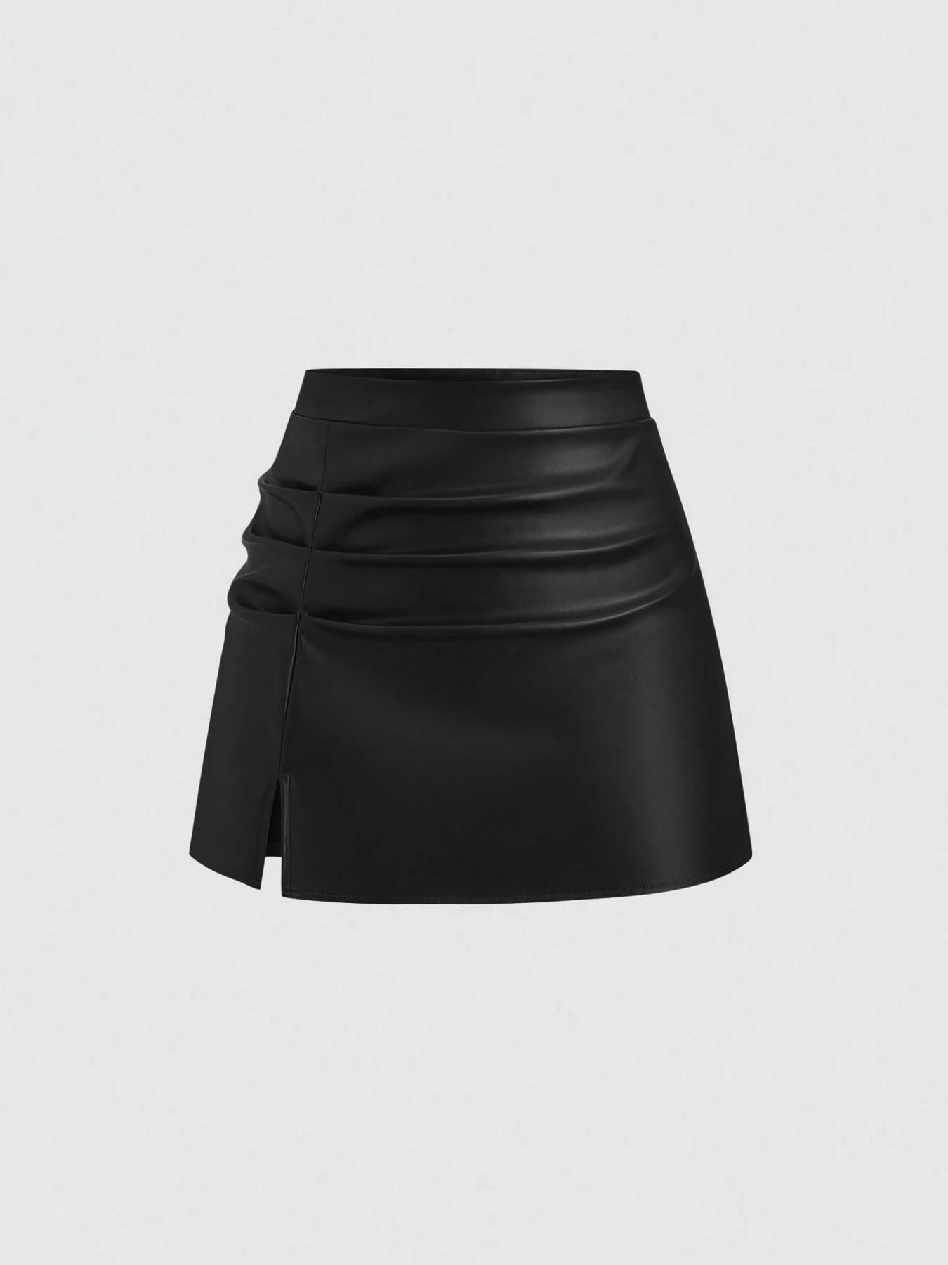 Women's High-Waisted Fitted Mini Short Skirt, PU Leather Chic Vintage Retro Y2K Side-Slit Pleated A-Line Skirt for Spring & Fall for Valentine's Day Date & Party