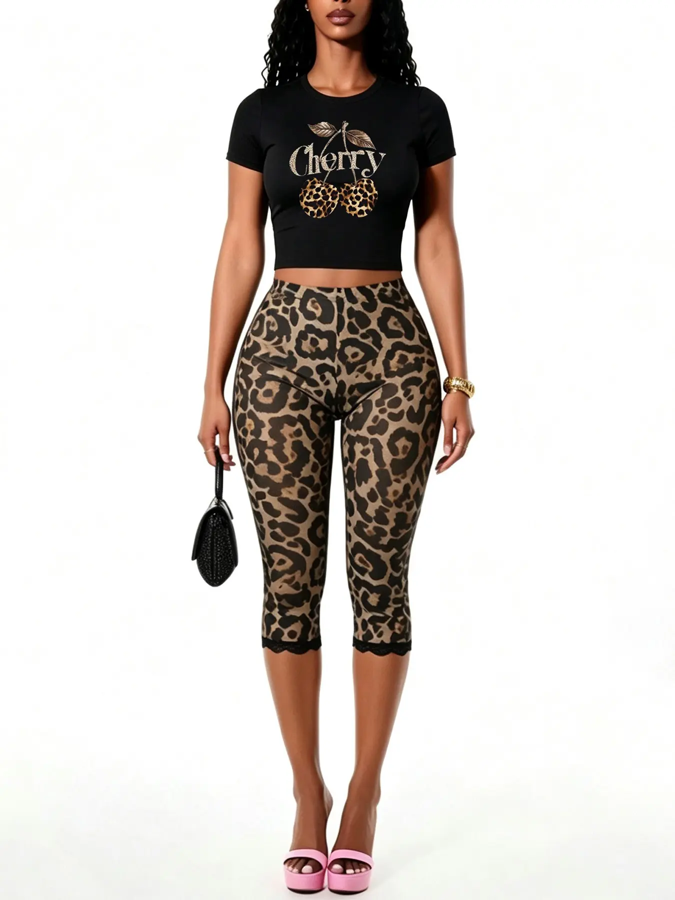 Women's Y2K Two-Piece Set, Leopard Cherry Pattern Short Sleeve T-Shirt, High Elasticity Lace Trim Seven-Quarter Tight Pants, Casual Streetwear