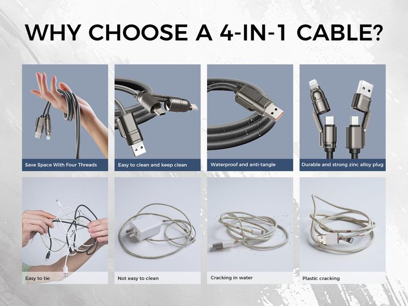 MAGIC JOHN USB Type C Charging Cable, 4 in 1 Function, 65W Fast Charging, Liquid Silicone and Aluminum Alloy Material, Braided Data Cable, Black & Gray