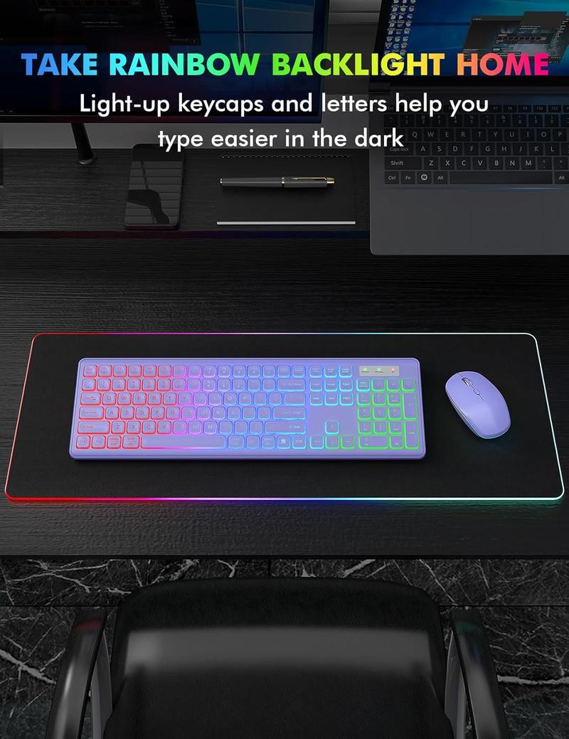Wireless Keyboard and Mouse Combo - RGB Backlit, Rechargeable & Light Up Letters, Full-Size, Ergonomic Tilt Angle, Sleep Mode, 2.4GHz Quiet Keyboard Mouse for Mac, Windows, Laptop, PC