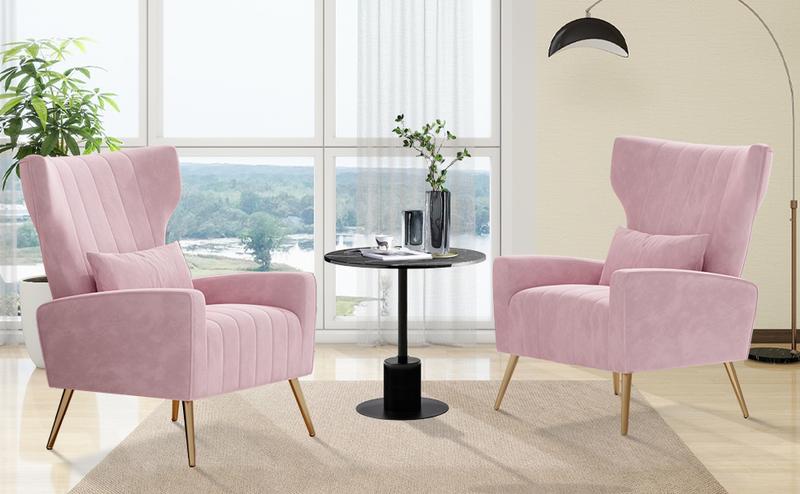 Velvet Accent Chair Wingback for Living Room, High Back Arm Chair with Golden Legs Lumbar Pillow, Upholstered Single Sofa Bedroom Beige