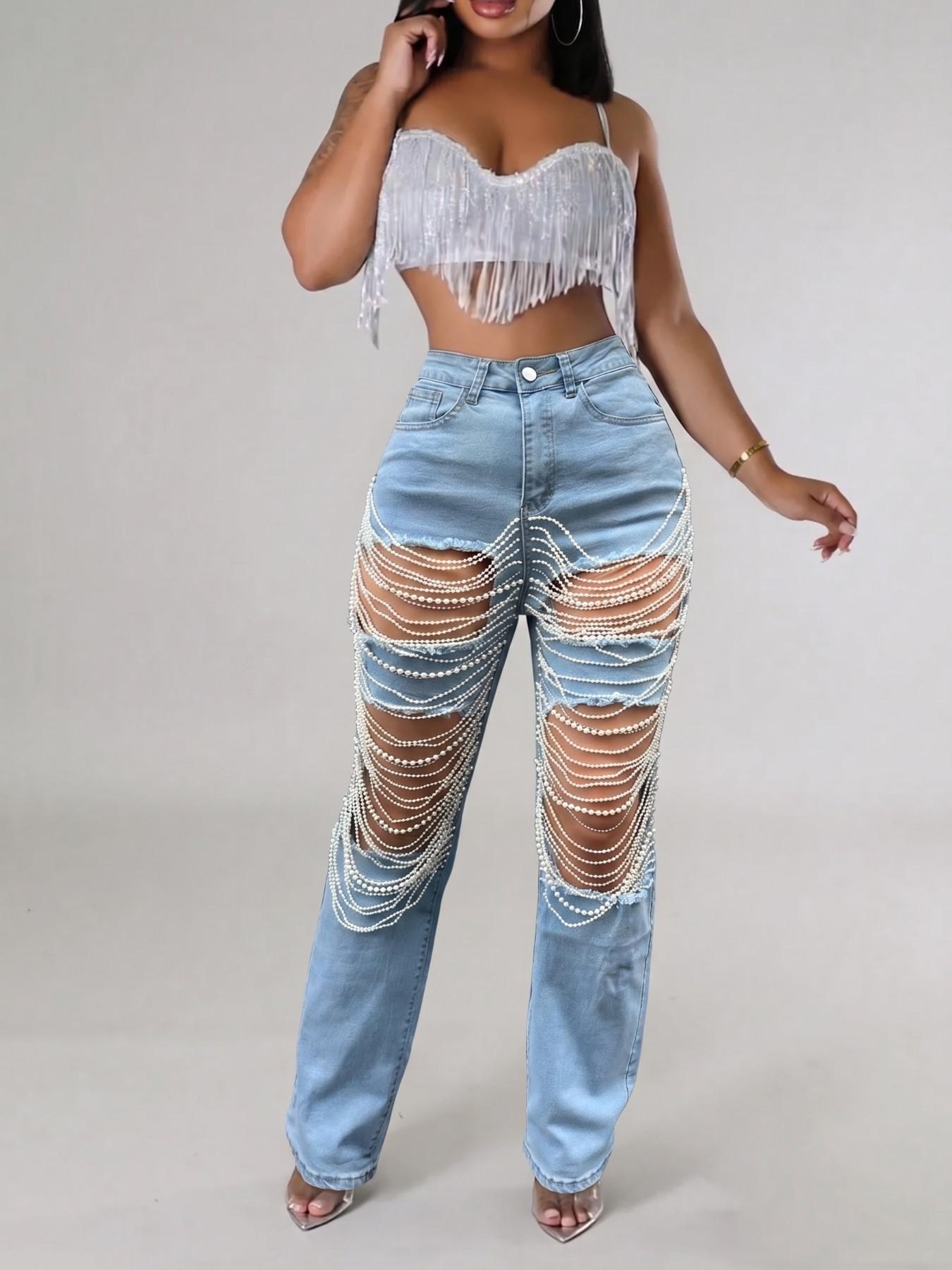 Women's Ripped Straight Leg Jeans, Pearl Chain Embellished Cutout Denim Jeans, Aesthetic, Perfect for Daily Wear and Party
