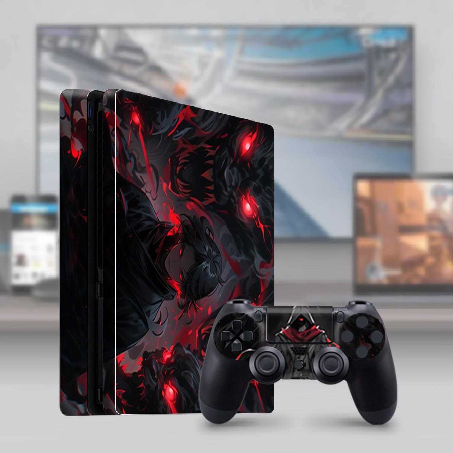 Hooded Wanderer Red Eyes Shadow Creature Dark Fantasy Art Vinyl Skin Cover for PS4 Slim Console and Wireless Controllers, Waterproof, Scratch-Proof & Long Lasting, Removable Without Residue Game Console Decor Sticker