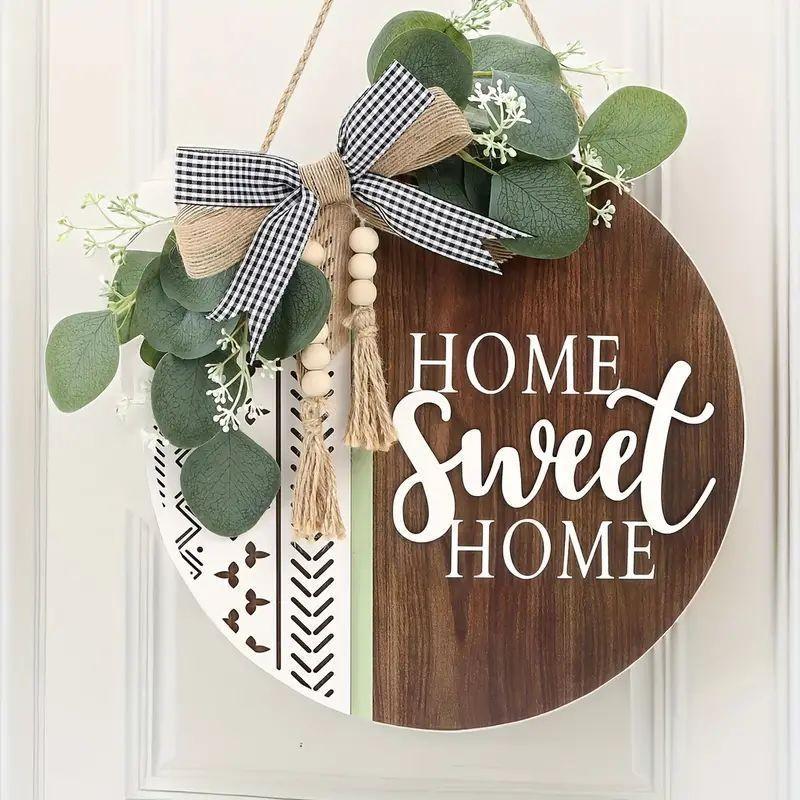 Home Sweet Home 2D Farmhouse Welcome Sign, Round Wooden Hanging Door Decor with Bow and Artificial, Rustic Porch Wreath for Holidays