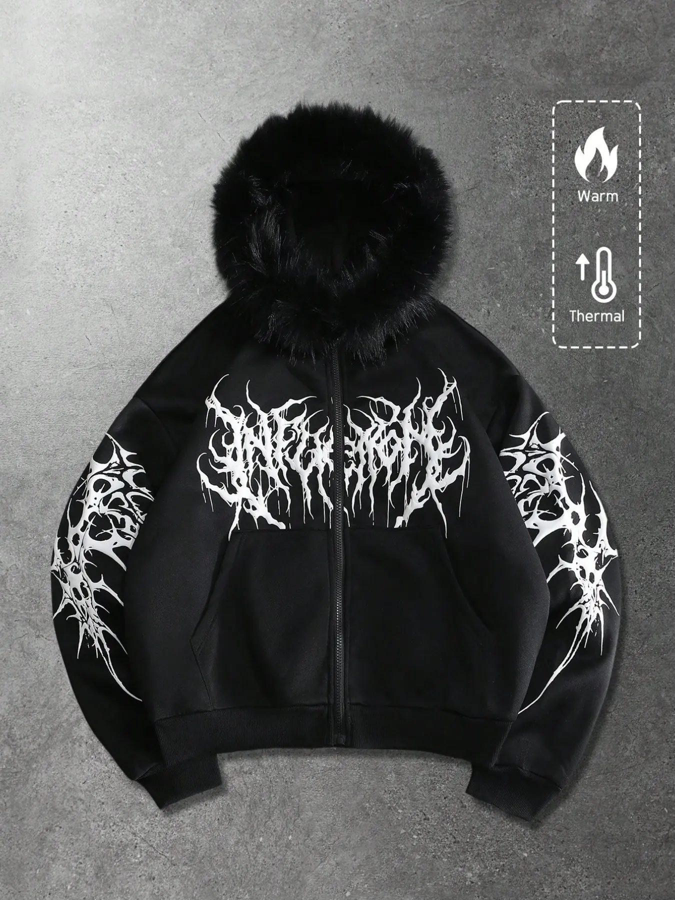 Thermal Faux Fur Hooded Jacket, Oversized Zip-Up Cardigan, Trendy Grunge Graphic Winter Outerwear, Casual Street Style Sweatshirt