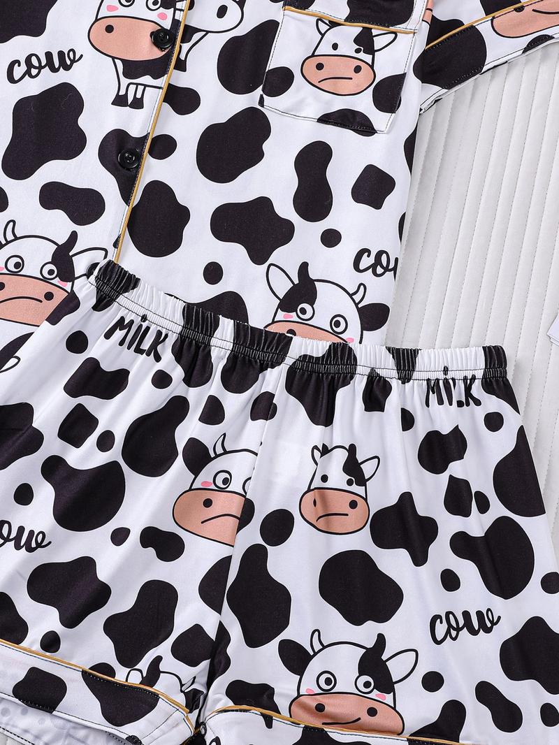2-Piece Women's Set: White Base with Full Cow Print Cartoon Cow Design Short Sleeve Shorts Soft Comfortable Top with Small Pockets Notch Lapel Design Button Closure Elastic Waistband Suitable for All Seasons Home Daily Casual Pajama Set