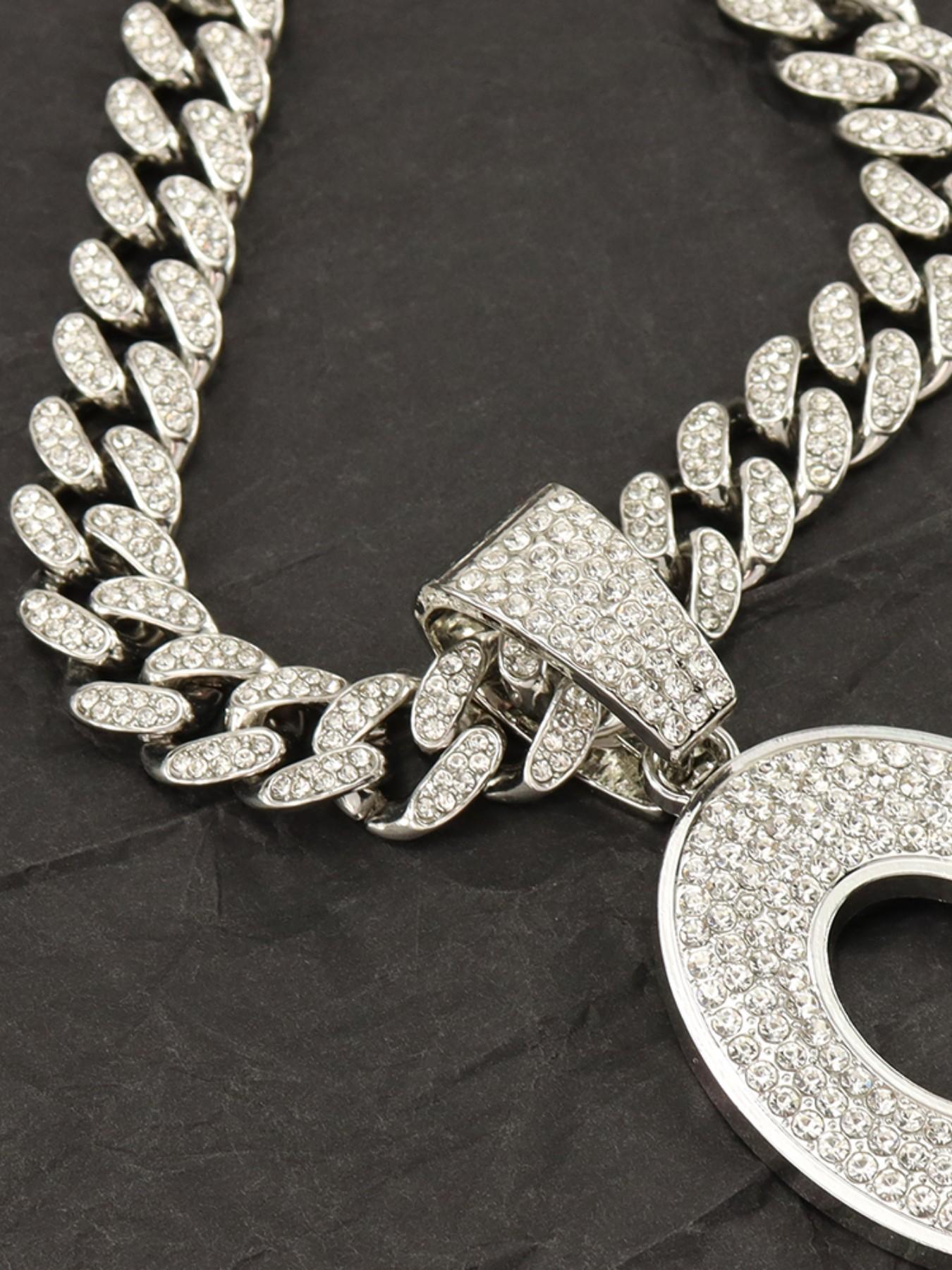 Men's Fashion Zircon Letter Pendant Necklace, Hip-Hop Trendy Full Drill Oblo Block Design, Simple Daily Wear Jewelry, Chain Necklace