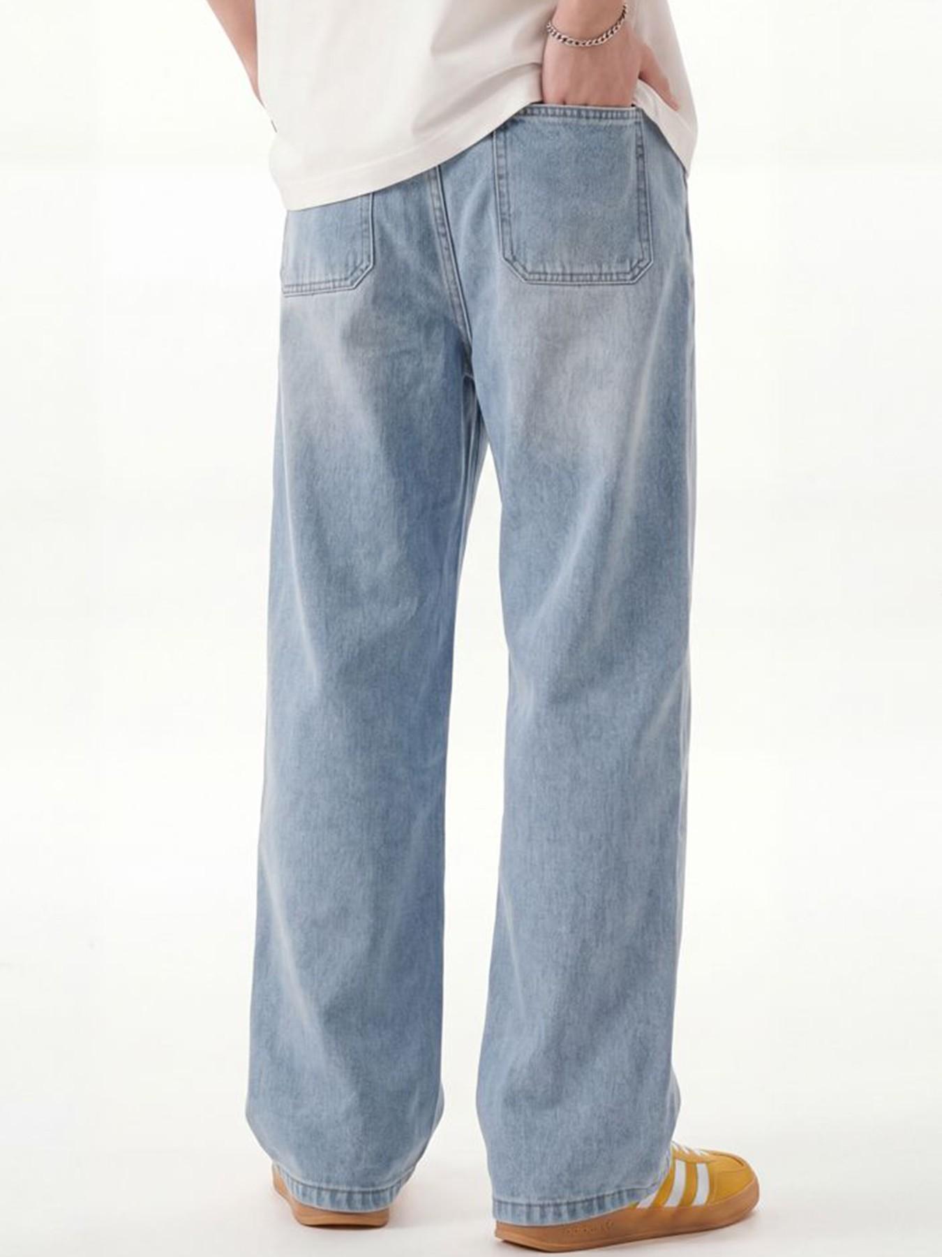 Men’s Blue Washed Jacquard Baggy Jeans, Curved Panel Seams, Wide Leg Loose Fit, Y2K Streetwear Denim Jeans, All Seasons
