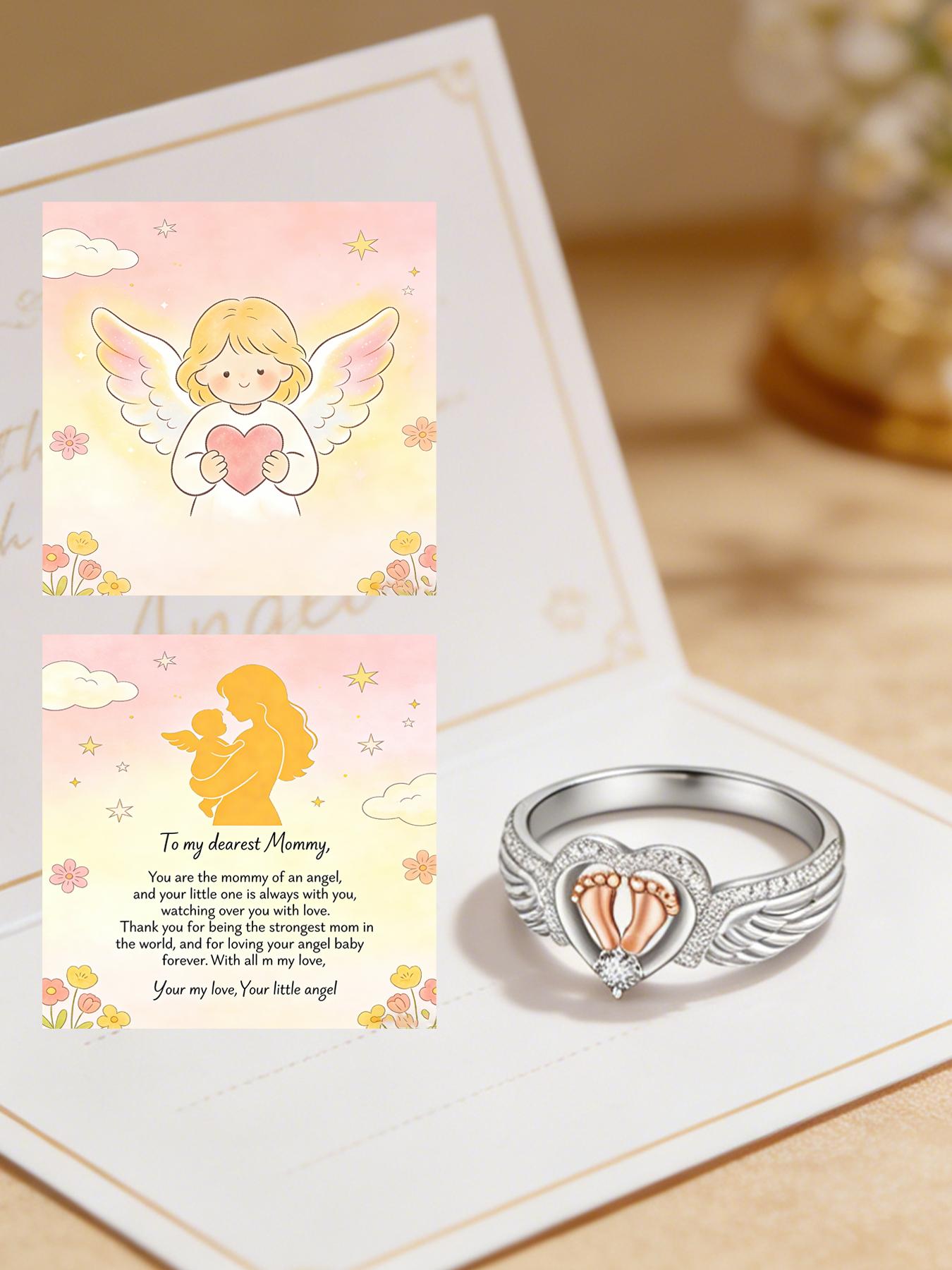 Angel Ring Mom's Edition, Angel Wings Baby Footprint Heart-shaped Ring - A commemorative piece of jewelry for those who have lost a baby, a meaningful gift for mothers as a token of sympathy, a Mother's Day present.