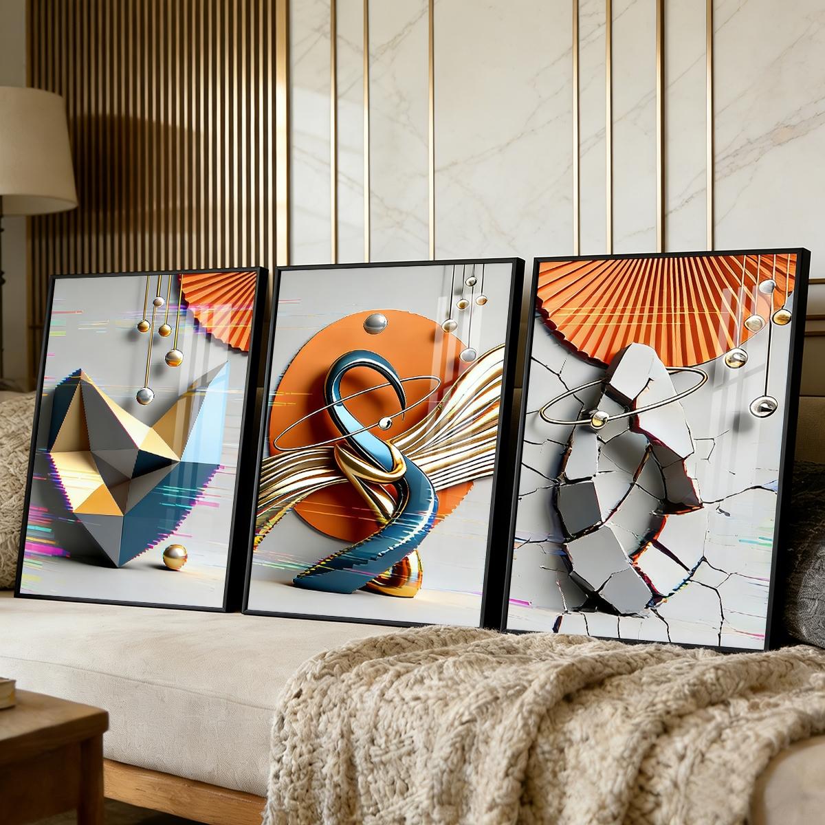 3 Counts Aluminum Alloy Framed Painting, Modern Geometric Abstract Art Pictures, Home Decoration For Living Room, Bedroom, Office, Restaurant, Hallway Wall Decor, Odorless Print Artwork, Luxury Perfect Gift For Friends And Family