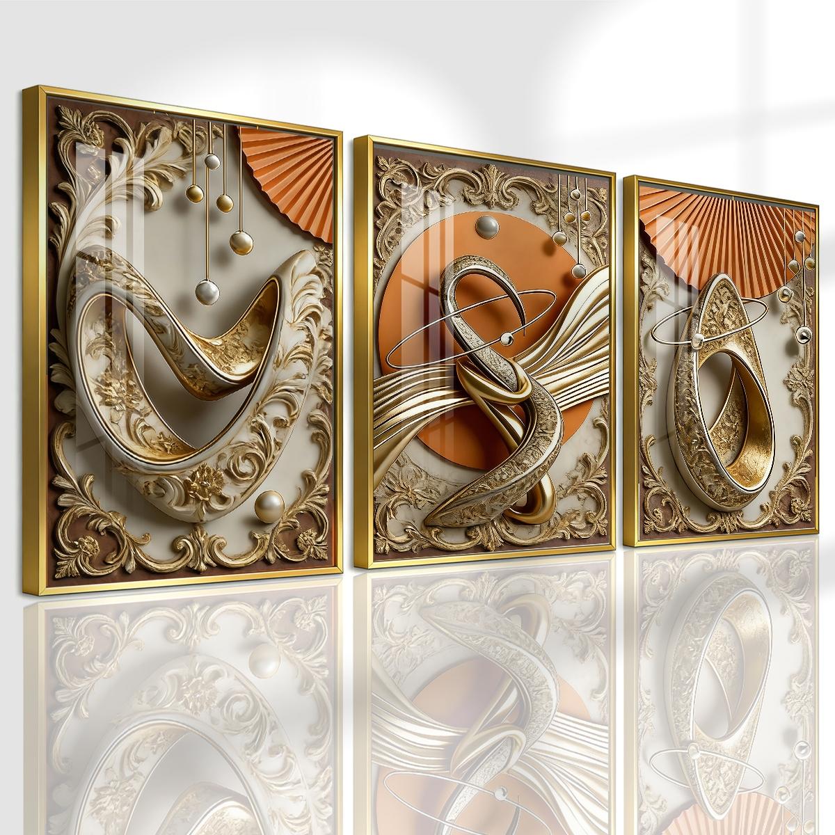 3 Counts Aluminum Alloy Framed Painting, Abstract Gold And Beige Geometric Art Pictures, Home Decoration For Living Room, Bedroom, Office, Restaurant, Hallway Wall Decor, Odorless Print Artwork, Luxury Perfect Gift For Friends And Family