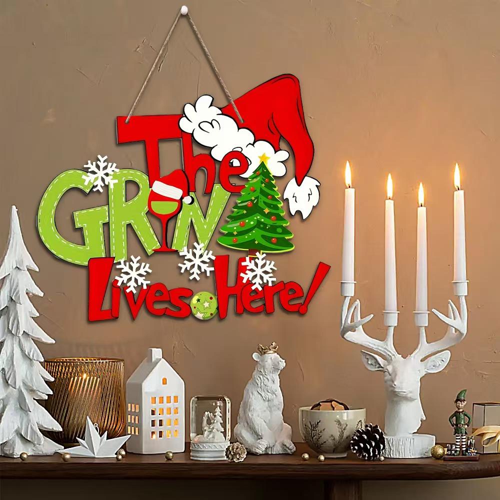 Christmas Theme Hanging Decoration Sign, 'the Grin Lives Here!'Colorful Text, Includes Christmas Hat, Tree, Snowflakes, Home Wall Door Decor