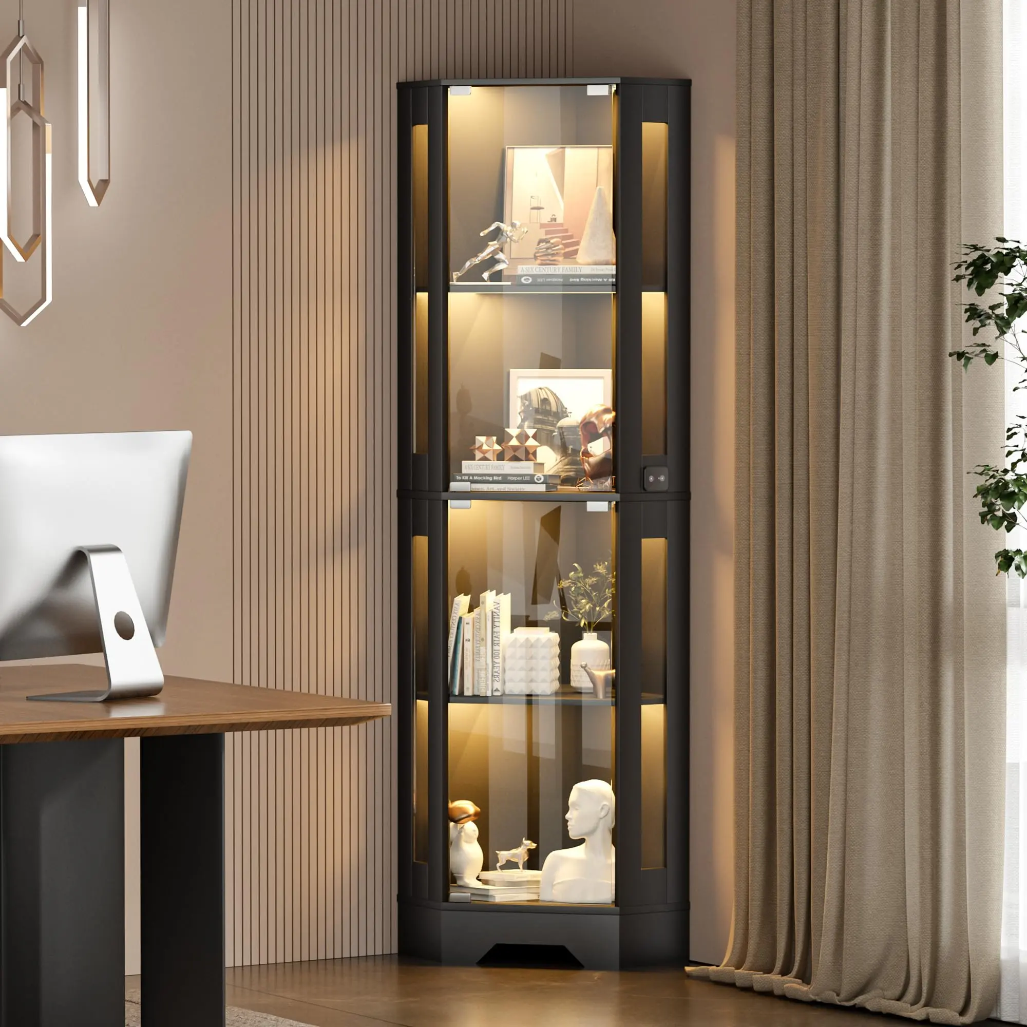 Elegant 4-Tier Glass Display Cabinet for Dining Room or Living Room – White Corner Curio Showcase with Doors – Spacious Shelving – Modern Home Furniture