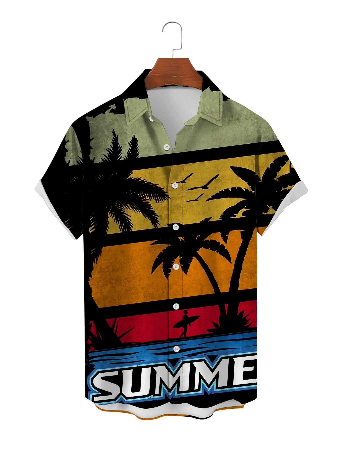 Tropical Beach Scene Graphic Shirt, Men's Loose Fit Collared Short Sleeve Top, Casual All-Over Print Clothing, Trendy Summer Wear