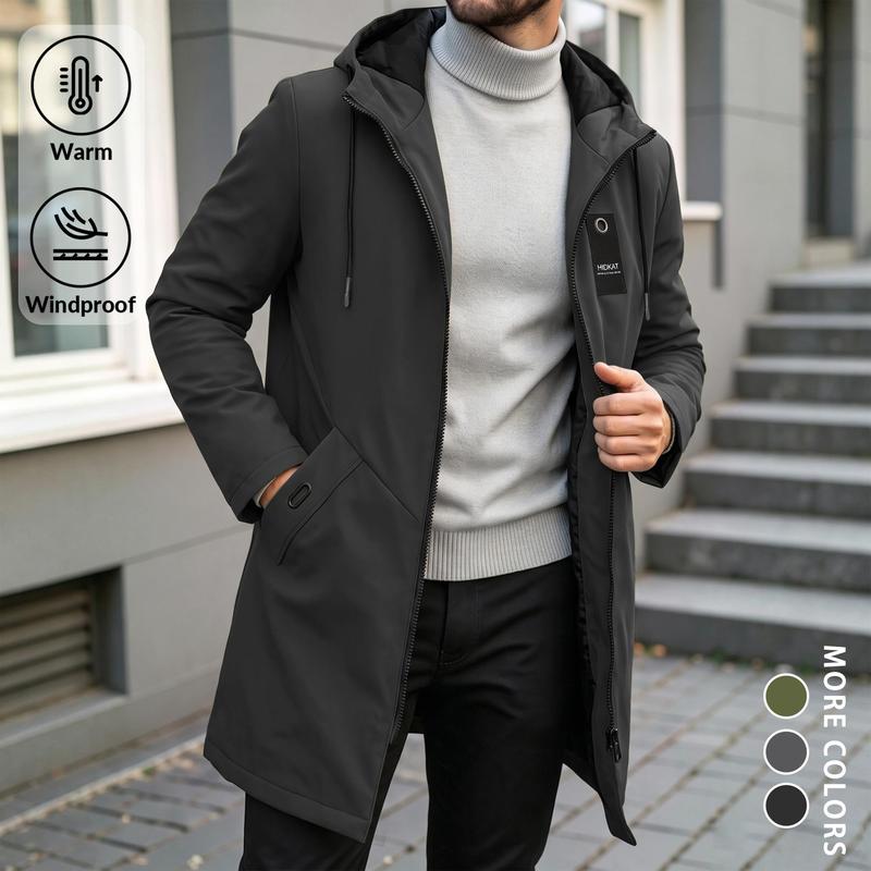Men's Hooded Mid‑Length Winter Parka Coat, Plus Size Thick Padded Full Zip Jacket, Drawstring Hood, Windproof Warm Outerwear, Casual Business Style for Daily Commute, Outdoor & Street Wear