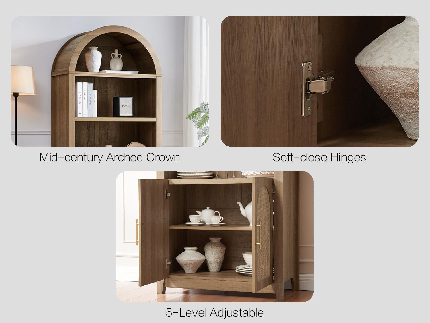 Arched Cabinet Bookshelf Bookcase - 69.3” Tall Mid Century Arched Display Cabinet, Rounded Bookshelf with Rattan Doors, Open Shelf Storage for Dining Room