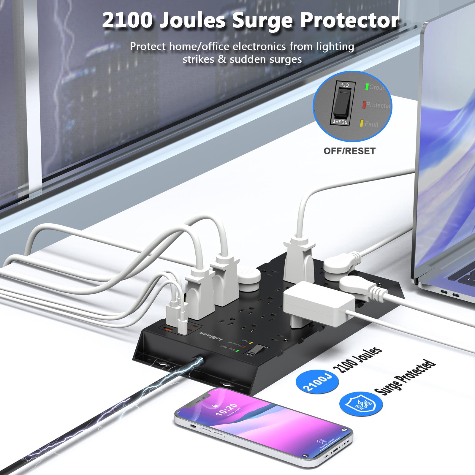 Power Strip, Surge Protector with 22 Outlets & 6 USB Charging Ports, 6.5Ft Flat Plug Heavy Duty Extension Cord (1875W/15A)，2100J, 14AWG, Black