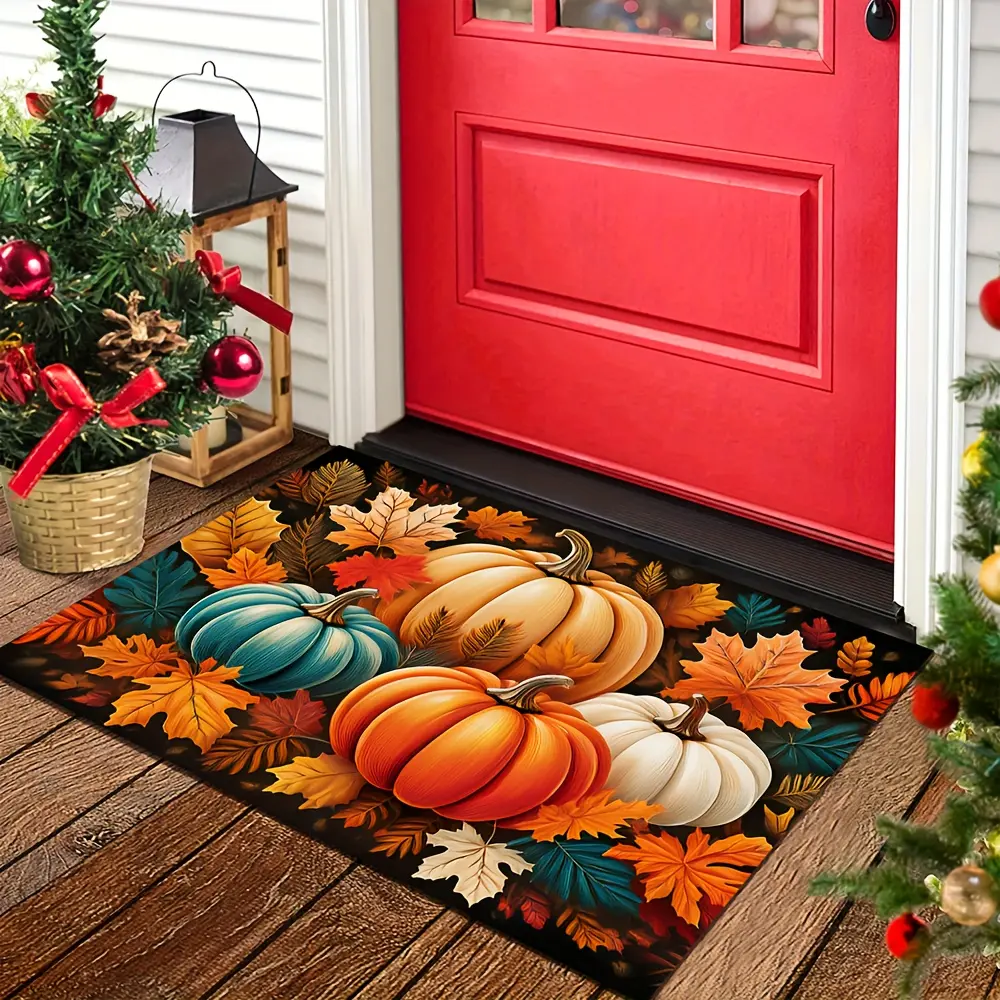 Flannel Floor Mat 1 Thanksgiving Harvest Pumpkin Doormat and Leaf Pattern Doormat, suitable for autumn decoration and home entrance welcome carpet, best for Christmas, perfect choice for Thanksgiving doormat
