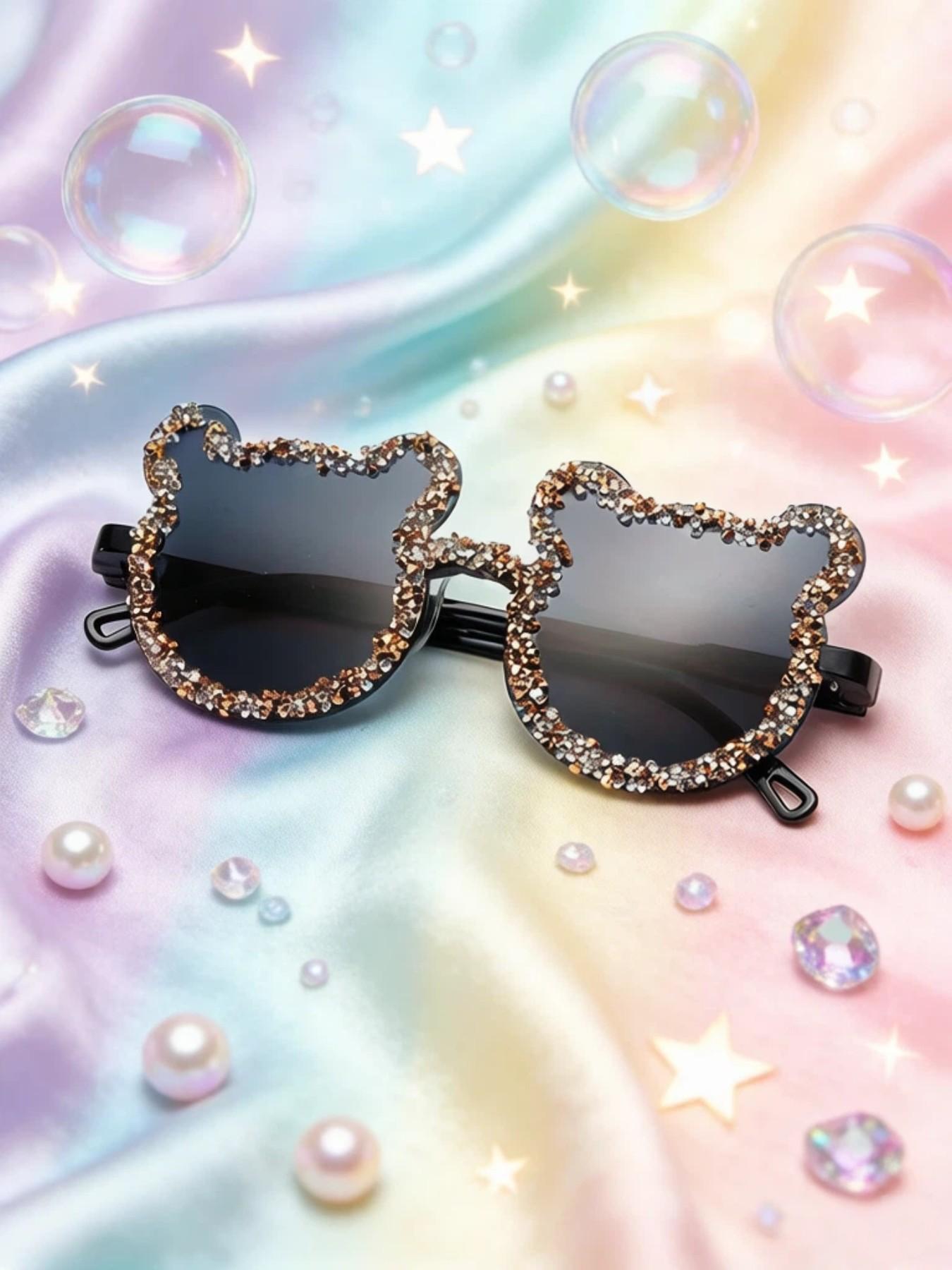 1pc Frameless Handmade Rhinestone Bear Party Sunglasses, Candy Color Women's Funny Party Glasses, College Outing Vacation