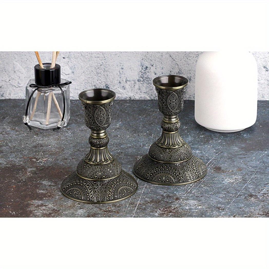 Set of 2 Vintage European Candle Holders - 3.9" Tall Metal Candlesticks with Exquisite Relief Patterns, Red/ Green Bronze/ Gold/ Silver/ Rose Gold Candelabra Table Centerpieces for Wedding Dining Home Decor, Vintage Candle Stand
