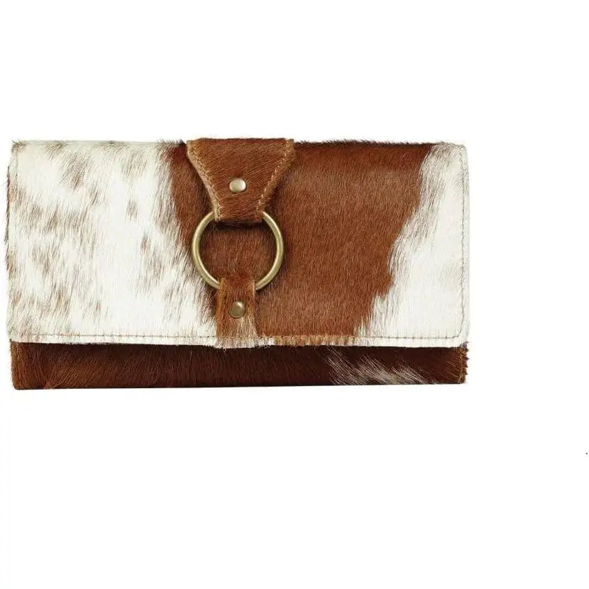 Myra Bag Crocheted Cowhide Wallet - 7.5x4 Cow Print Wallets for Women, Brown and White Clutch, Long, Leather, Western Cowprint, Boho Style, Country Stuff, Cowgirl Gifts for Women, Mom, Sister, Aunt