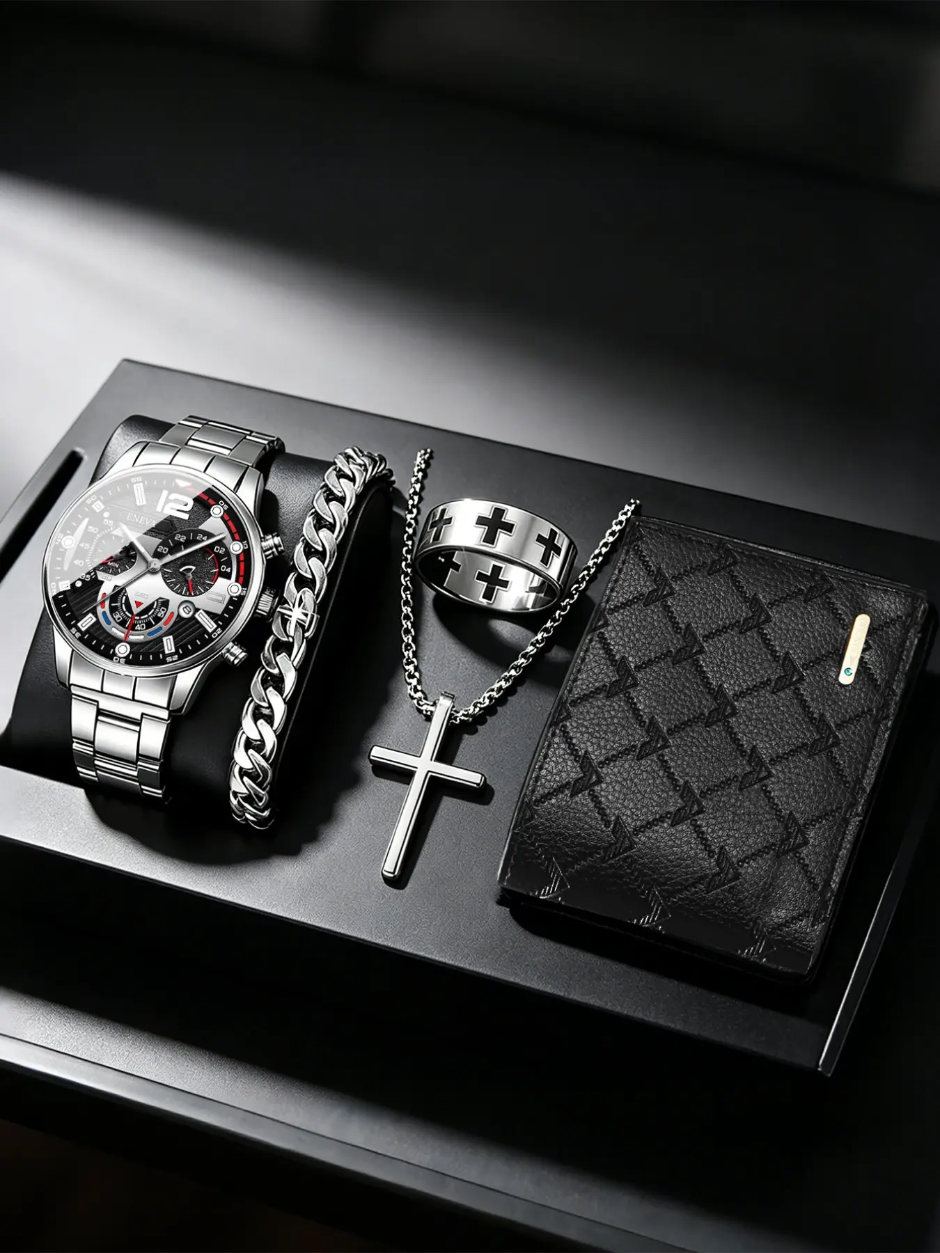 Men's Watch Set, 5pcs Business Sports Personalized Watch Kit, Necklace Ring Bracelet Wallet Watch, Ideal for Daily Wear Birthday Party Gifts