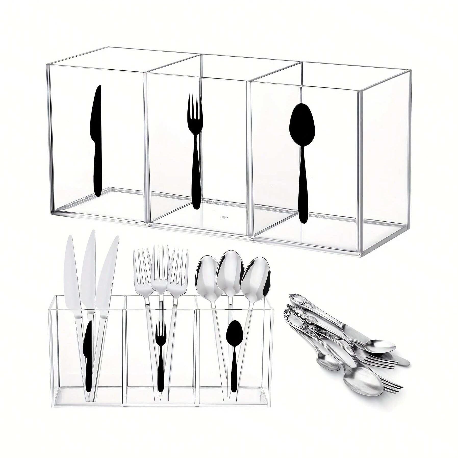 Acrylic Storage Box for Silverware Kitchen Large Capacity Multi-Compartment Utensil Rack, Plastic Cutlery Organizer, Desktop Pen Holder