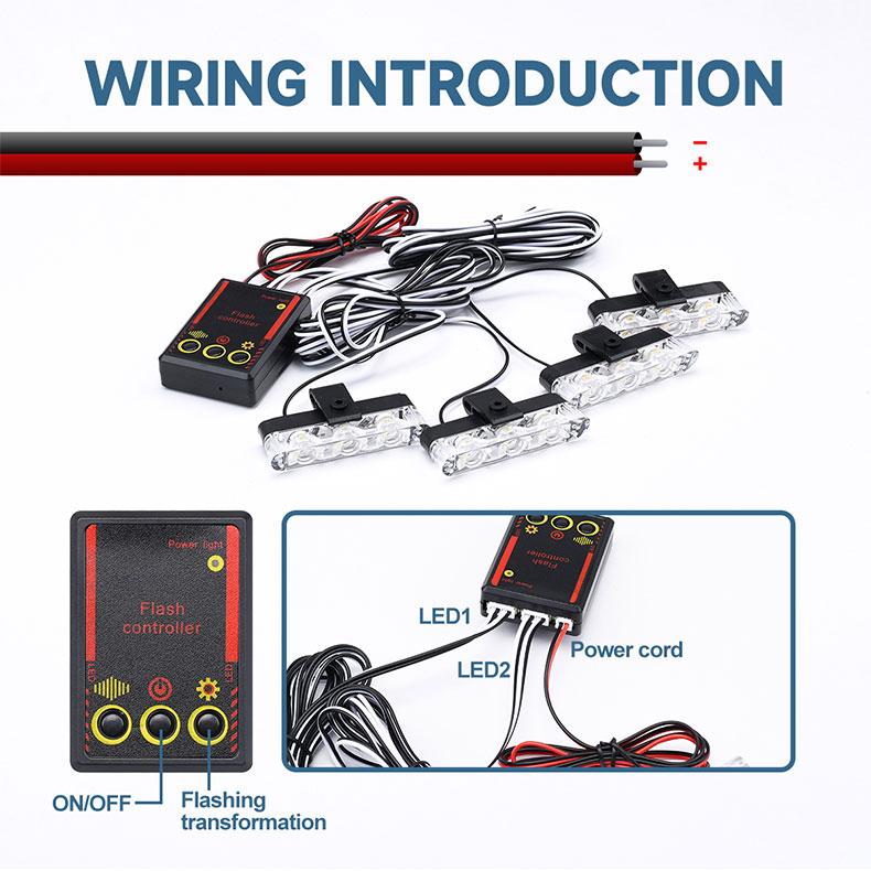 4 in 1 LED Strobe Lights, 12V Multi-Mode Flashing Emergency Grille Light Bar with Controller, Red Blue Amber White Warning Light for Car Truck SUV Off-Road Vehicle